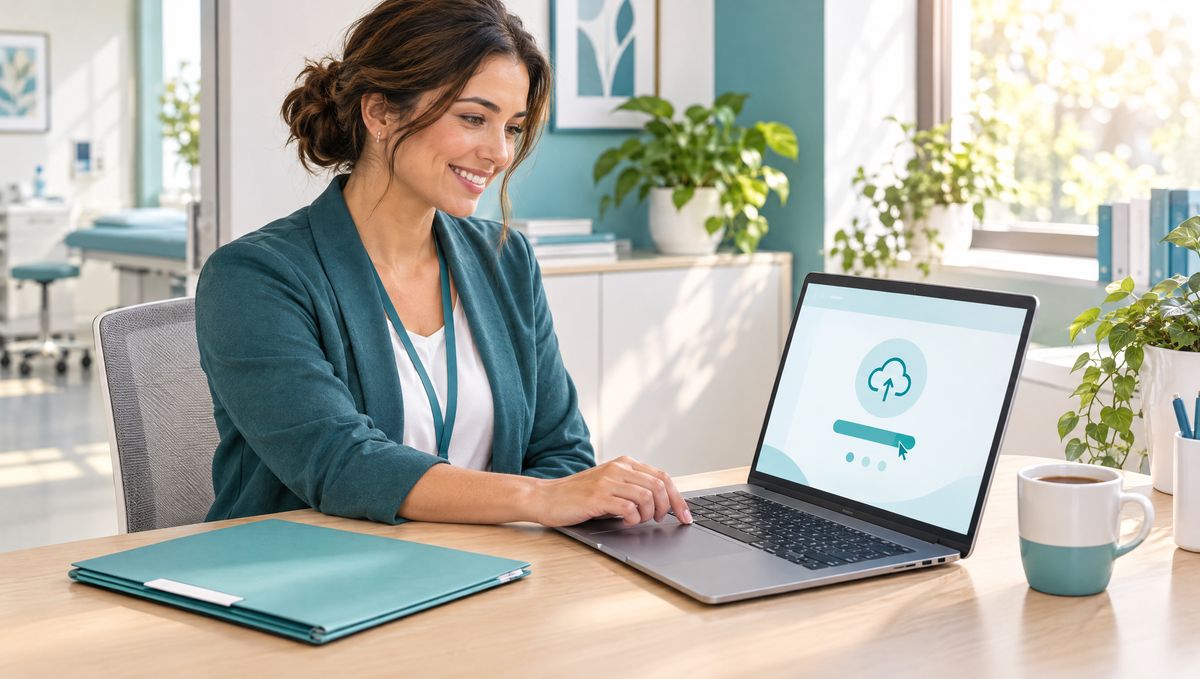 A relaxed coordinator uploading a referral on a laptop at a tidy desk