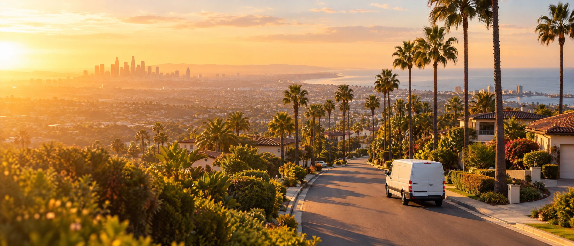 Sunny Southern California neighborhood with a delivery van
