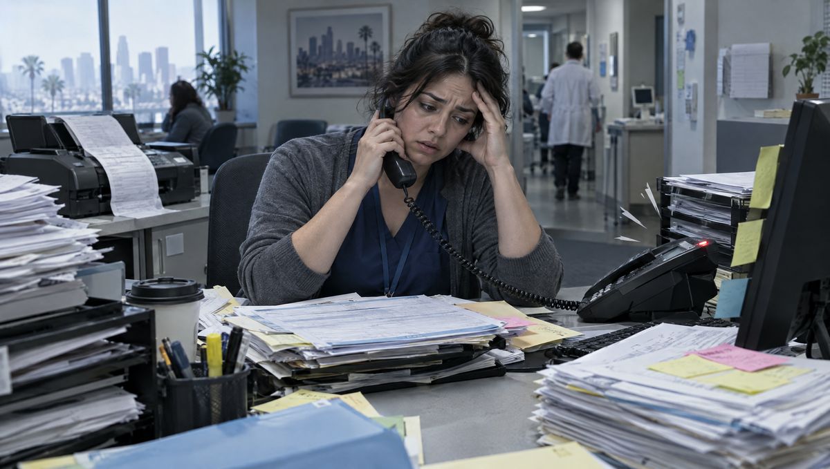 An overwhelmed referral coordinator on the phone surrounded by paperwork