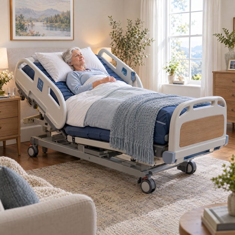 Semi-electric home hospital bed in a bright bedroom
