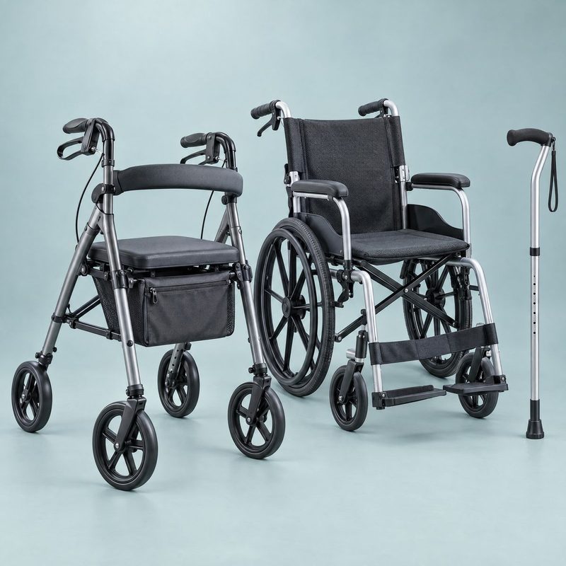 Rollator walker, folding wheelchair and cane