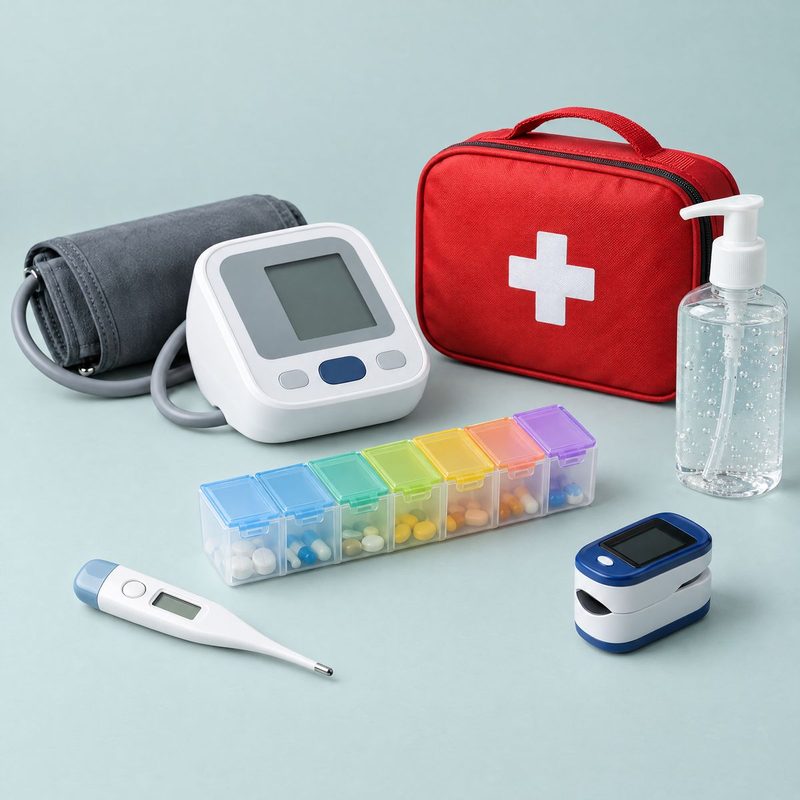 Thermometer, blood pressure monitor, pill organizer and first aid kit