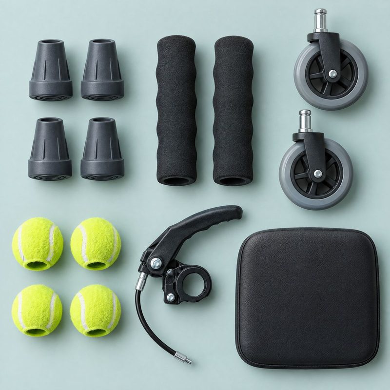 Walker tips, grips, wheels and brake parts