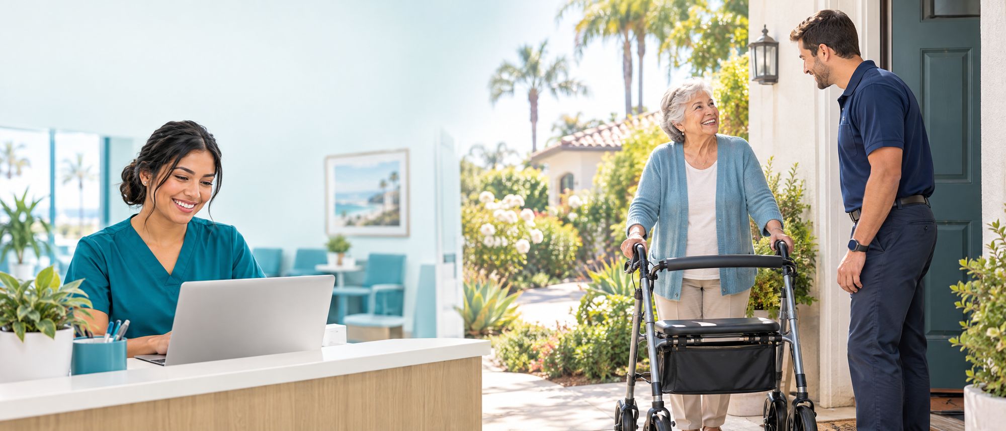 A medical assistant sends a referral while a delivery technician brings a rollator walker to a senior at home