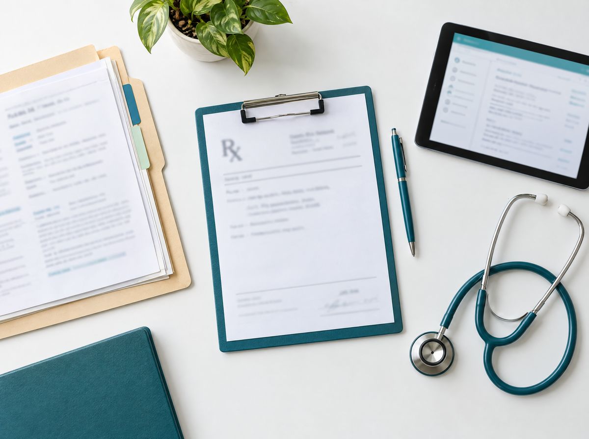 An organized referral package with a prescription, clinical notes and a tablet