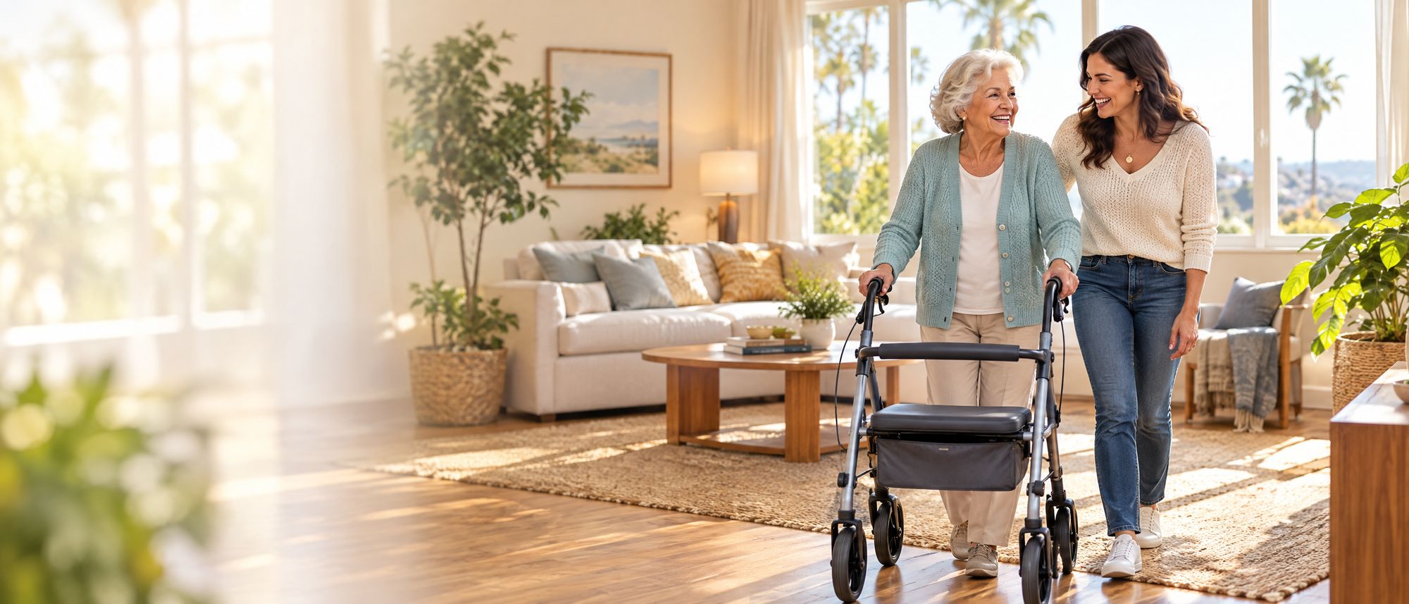 A smiling senior woman walking with a rollator at home beside her granddaughter