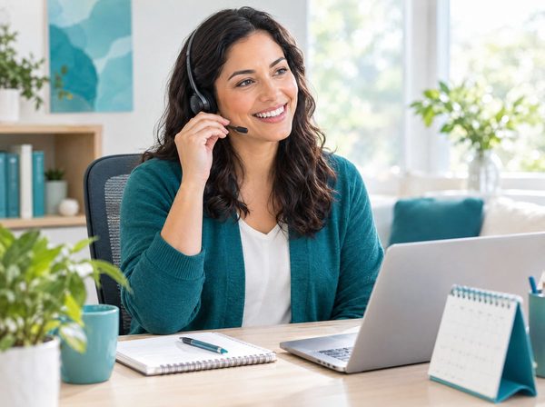 A care specialist with a headset on a call