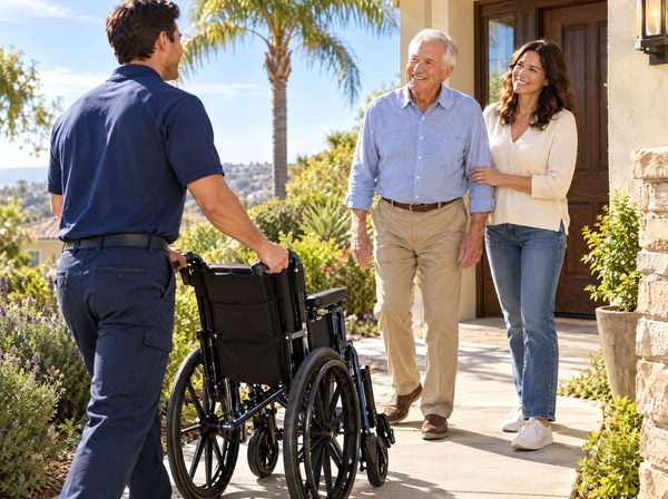 A technician delivering a wheelchair to a senior at his front door