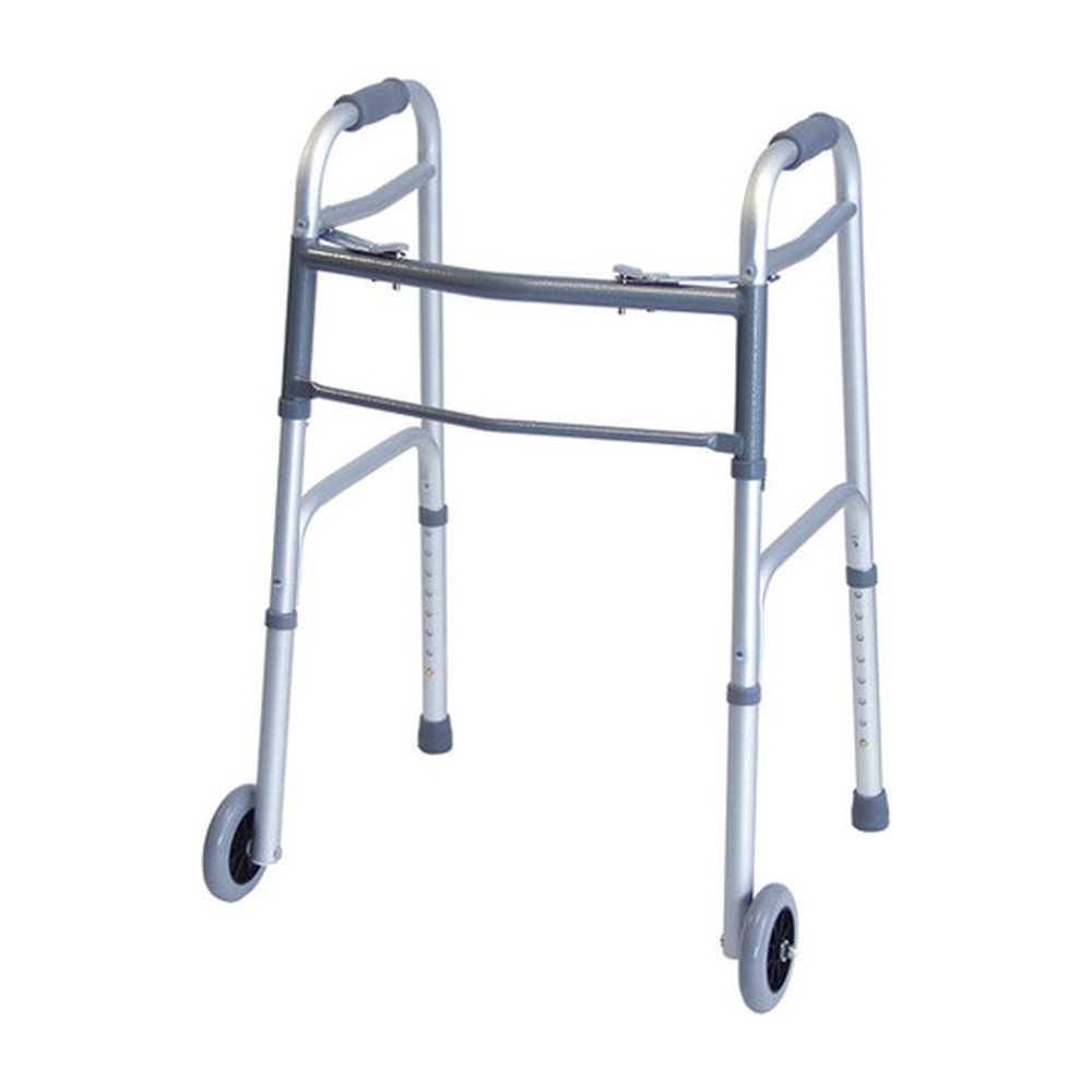 Dual Release Folding Walker with Wheels Adjustable Height McKesson Steel Frame 350 lbs. Weight Capacity 32 to